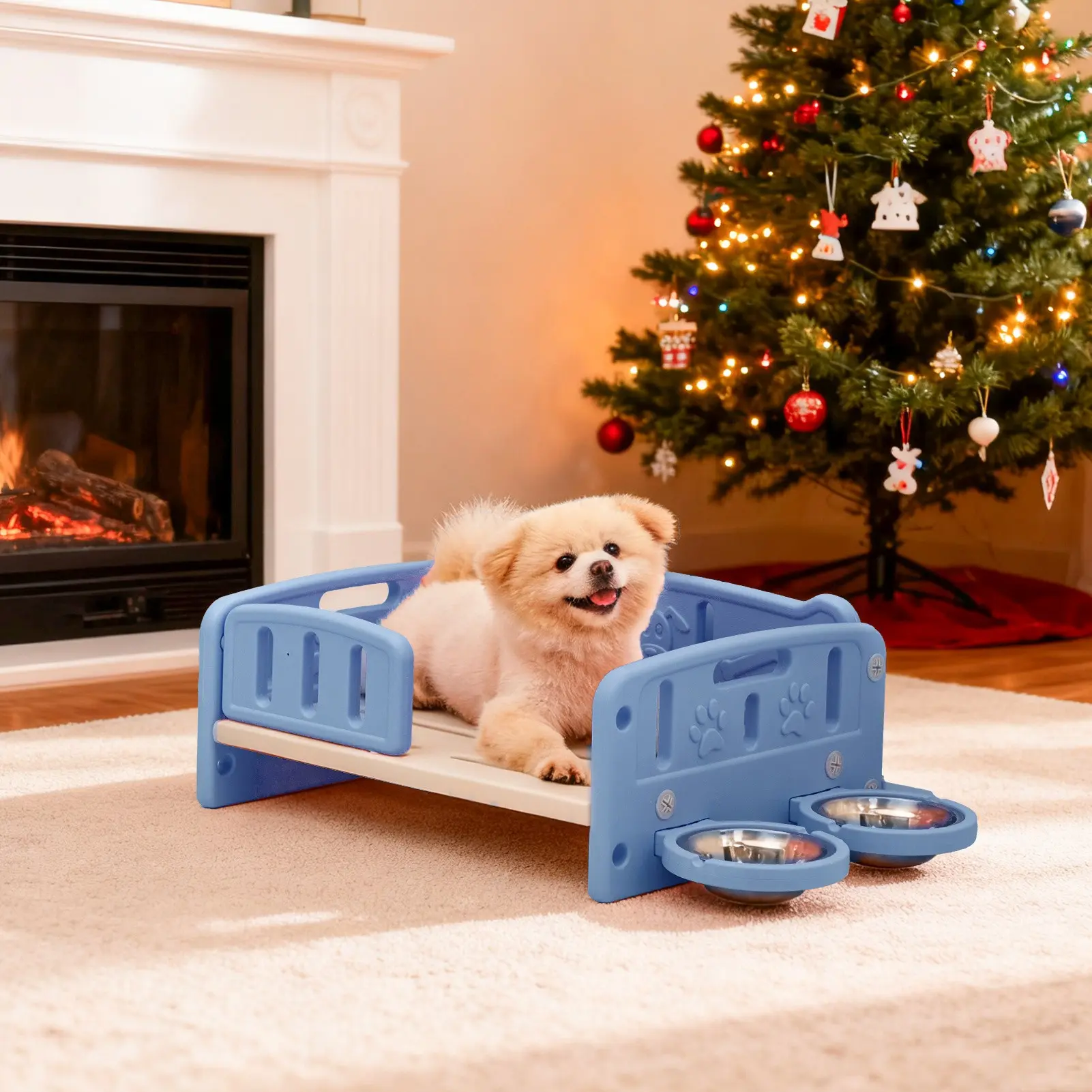 Puppy Dog Bed Pet Sofa with Plush Calming Mat, Elevated Orthopedic Entry Assist Step for Small to Medium Dogs, Portable Indoor/Outdoor Pet Bed with feeding bowl