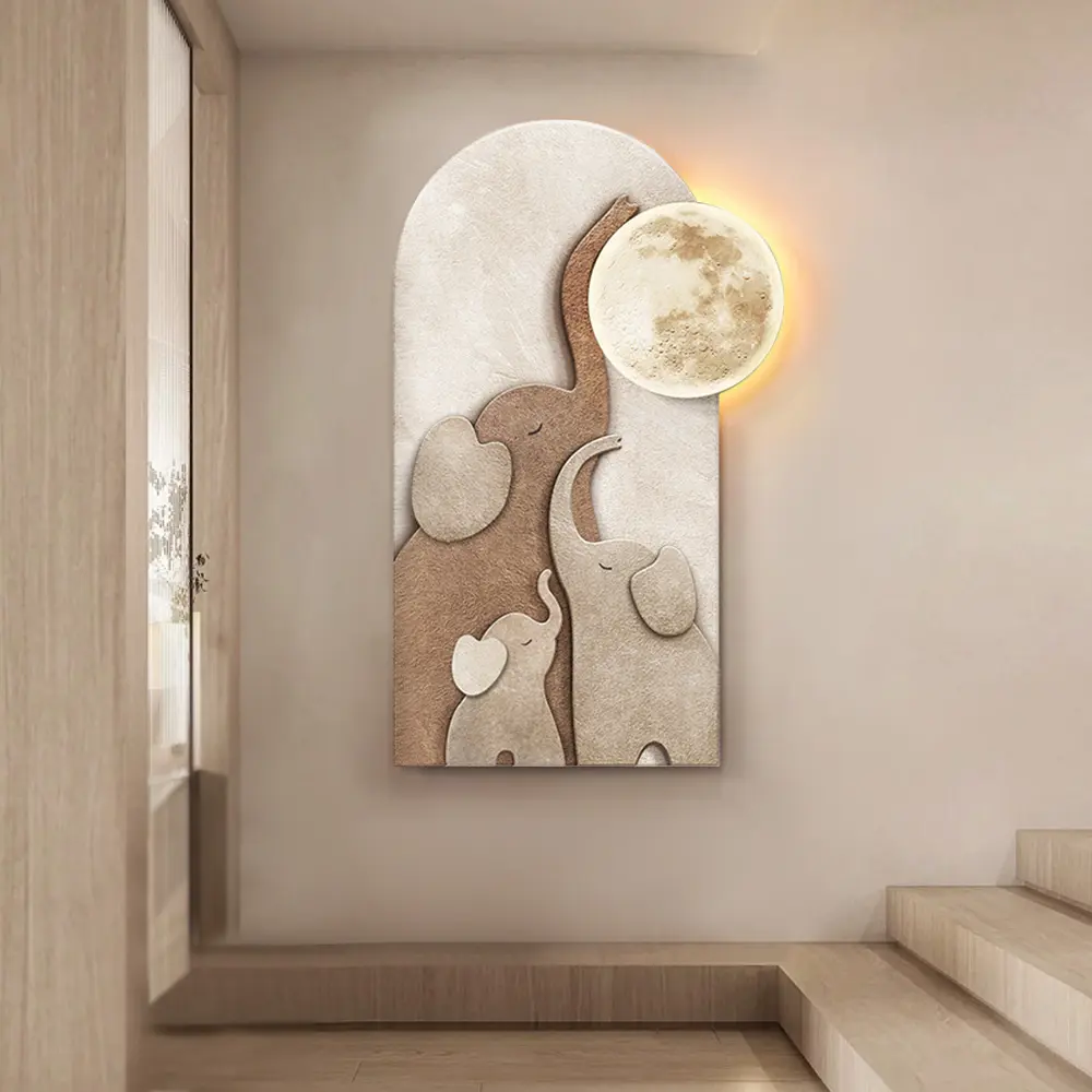 Homary 31.5" Arched LED Strip 3D Acrylic Elephant Moon Wall Sculpture - MDF Artistic Animal Hanging Decor, Warm White, Wipe-Clean Modern Indoor House Decor for Living Room, Bedroom