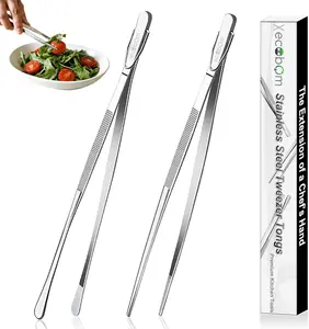 2 Pcs 12-Inch Stainless Steel Kitchen Tweezers, Dual-Tip Serrated Tongs with Hook - Heat-Resistant Non-Slip Cooking Tweezers for BBQ, Grilling, Plating & Serving