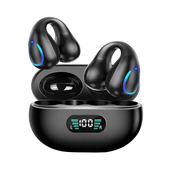 YKK-Q71 Open Ear Bone Conduction Electronic Headphones, Wireless Bluetooth 5.3 Open Clip-On Earbuds with Built-In Mic & Ear Hooks, 60H Playtime, IPX7 Waterproof for Fitness & Running, Black Audio Headset