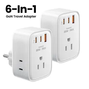 Toocki 2Pack Travel Charger Adapter 20W 2C1A GaN Fast Charging adaptation  EU/UK/US Charger 6 in 1 US to Europe plug adapter: It turns 1 European Type C socket into 3 American outlets and 3 USB ports(2 USB C)