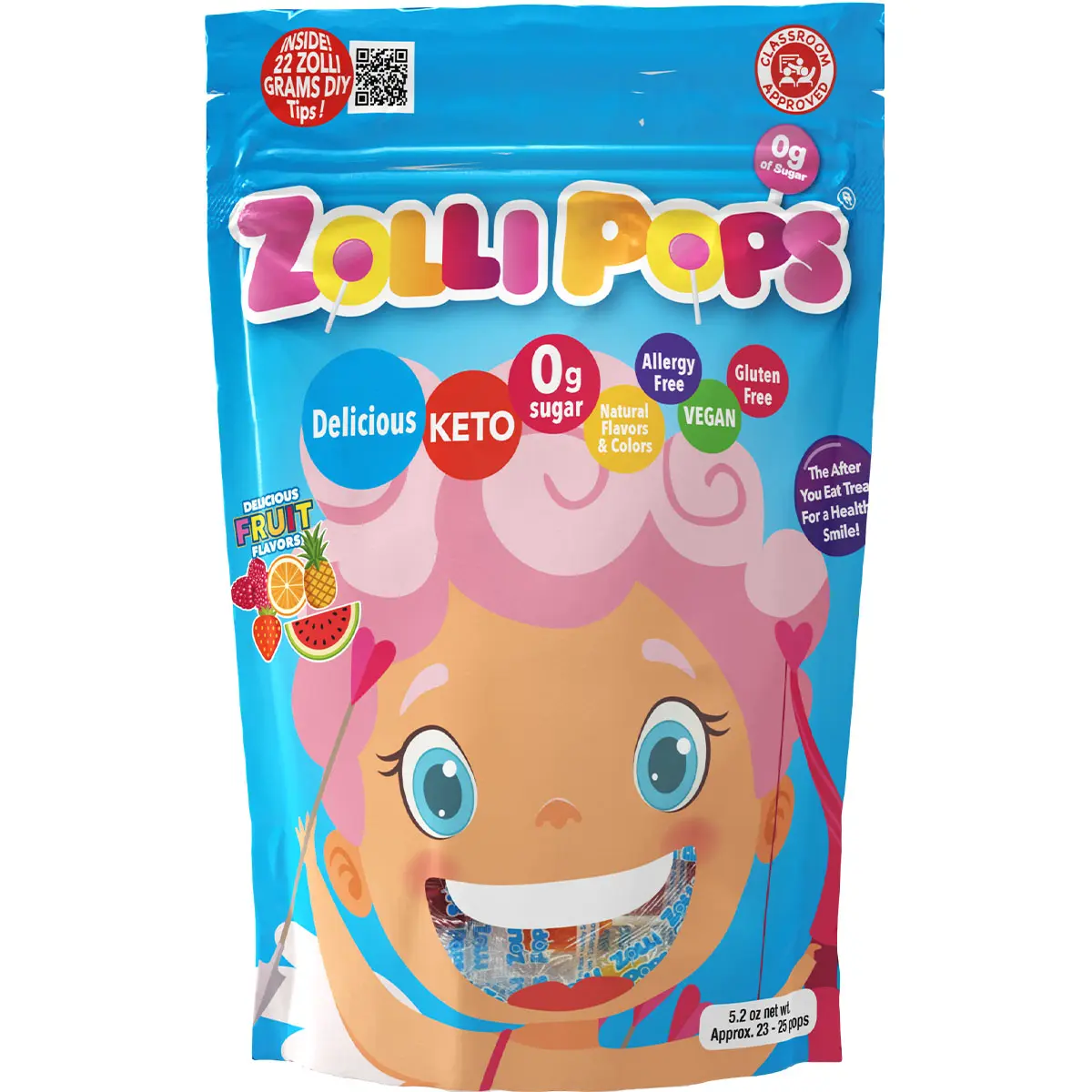 Valentine Cupid Zolli Popz Sugar-Free Assorted Fruit Lollipops, 5.2oz Resealable Pouch with 22 Zolli Grams, No Artificial Dyes Candies Snack