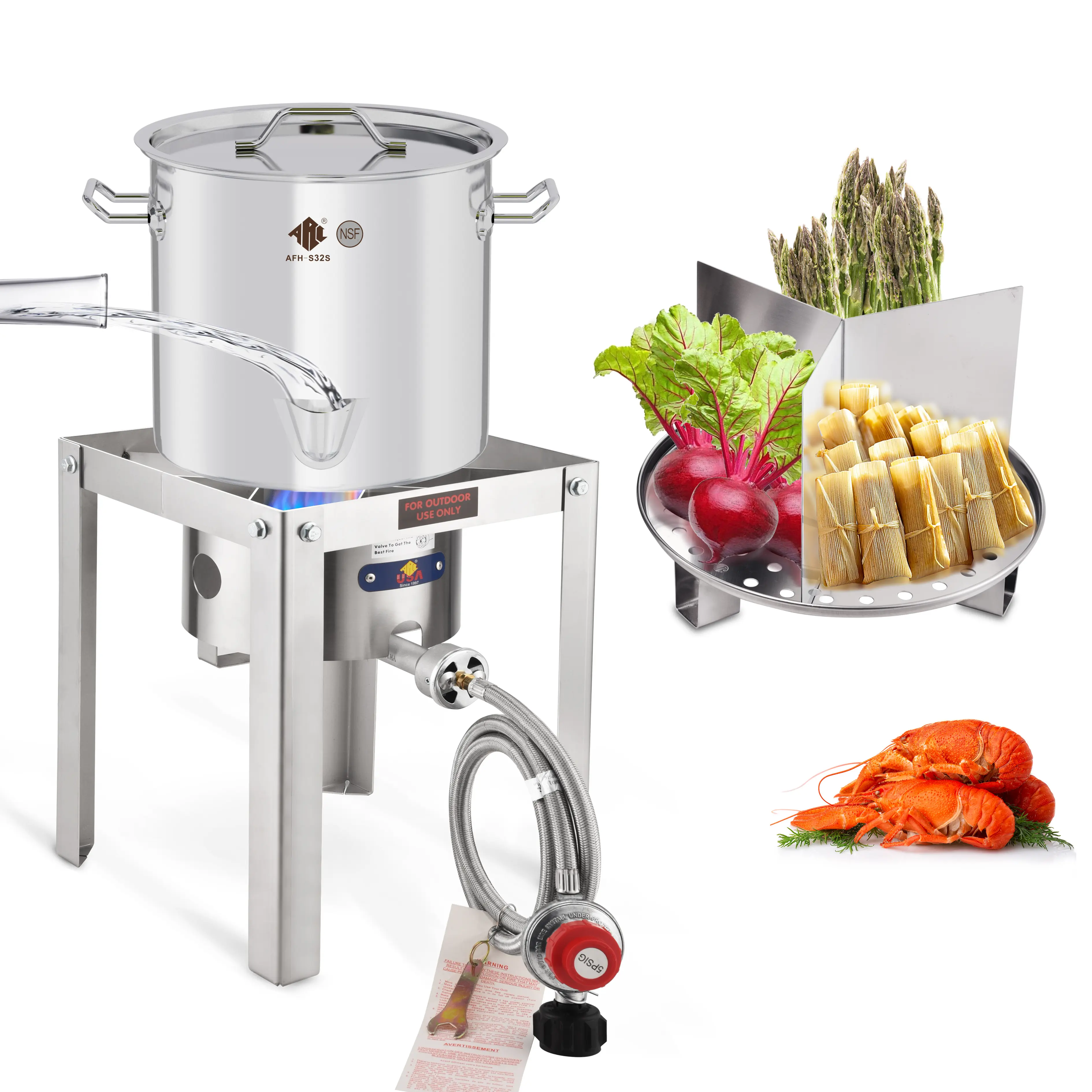 55,000BTU Portable Propane Burner w/20QT Stainless Steel Steamer Pot, Seafood Crab,Vegetable,Vaporeras para Tamale Steaming, w/Easy-fill Water Spout, Divider and Steamer Rack,Outdoor Cooking