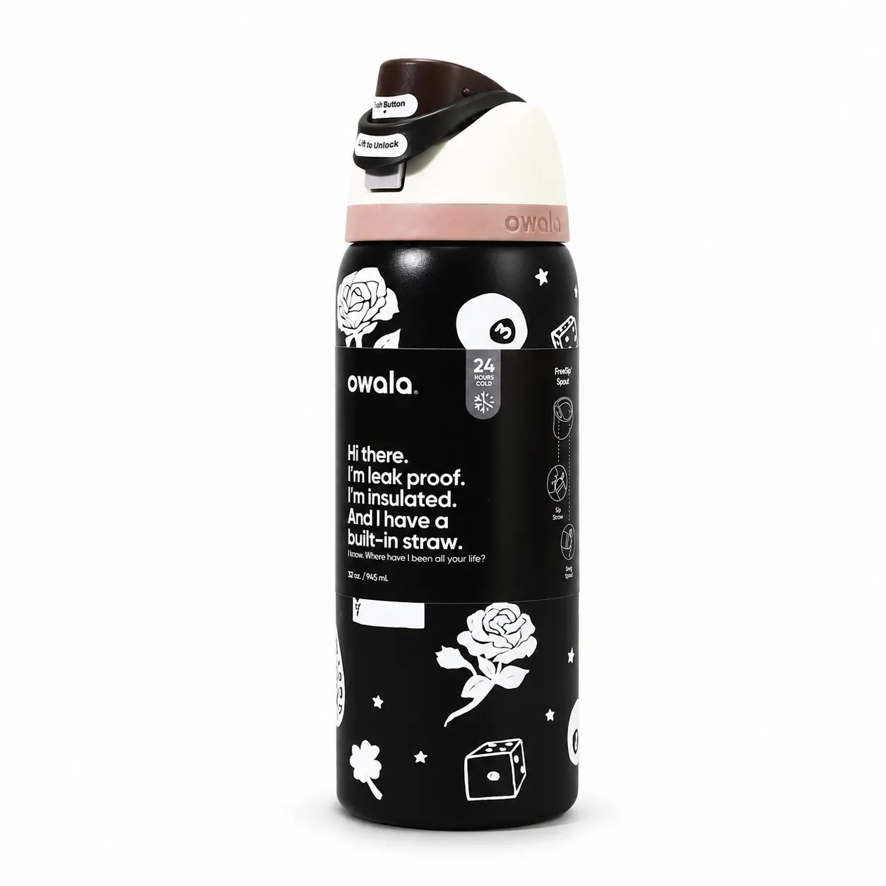 Owala FreeSip 32oz Modern Black Gothic Rose 304 Stainless Steel Water Bottle - Vacuum Insulated, Leak-Proof Straw Lid, Dice & Playing Card Print, Portable for Adults, Car Rides, Cold Drinks (500-1000 ml)
