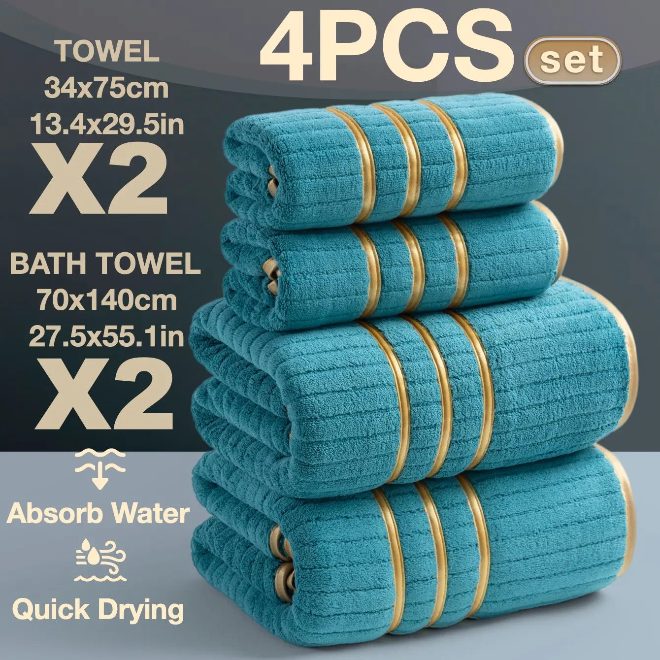 4-Piece Luxury Bath Towel Set, High-Density Soft Absorbent Microfiber, Absorbent Towel, Quick-Dry, Soft, Durable, Hotel-Quality, Ideal for Home, School, Gym, Spa
