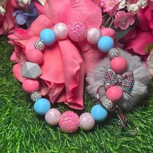 Baby blues  wristlet keychain color scheme , gray, posh pink, blue and bling beads made with wire