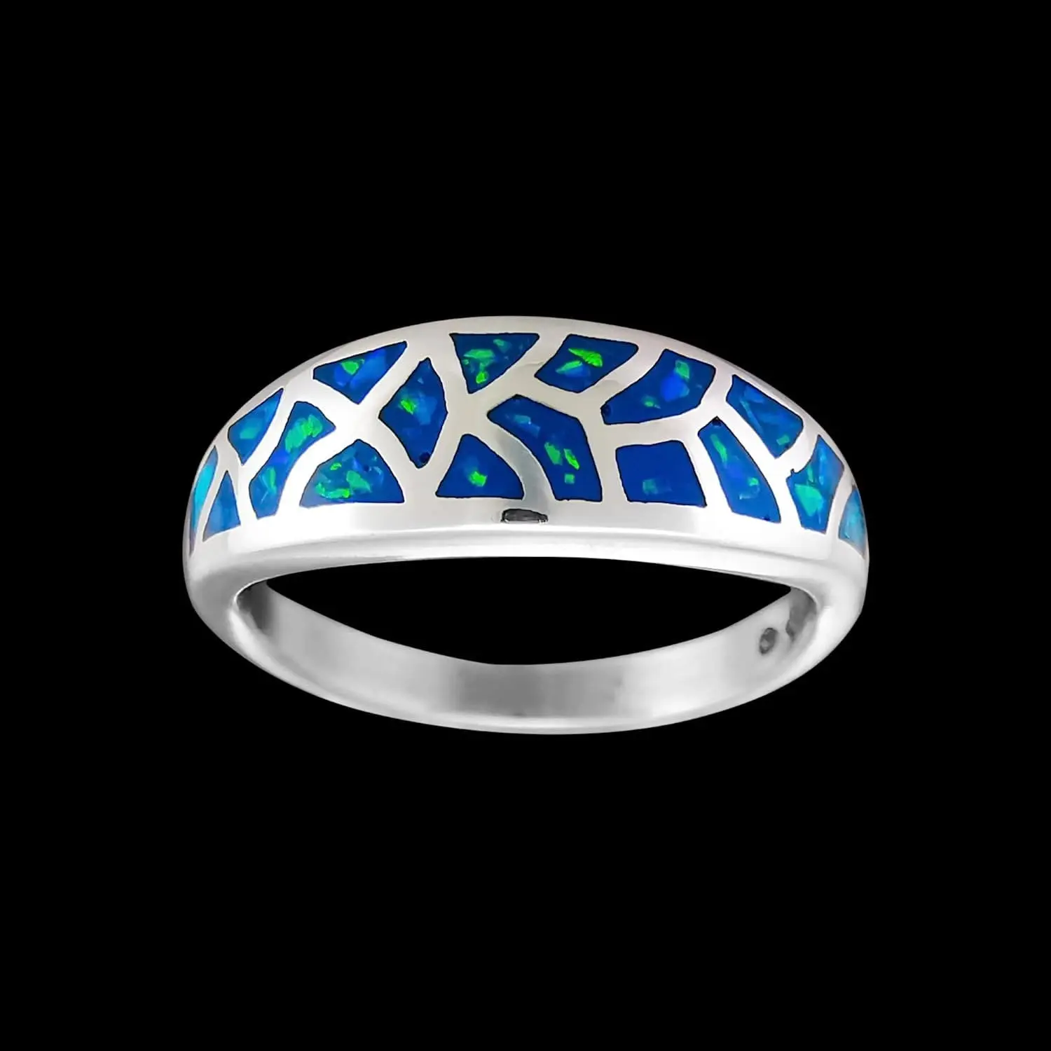 Size 7-925 Sterling Silver & Blue Opal Mosaic Band, Abstract Gemstone Band, Handcrafted Birthstone Jewelry