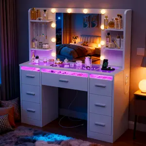 summergarden Modern Makeup Vanity Desk - White LED Lighted Vanity with Glass Top, RGB Lights, Power Outlet, Adjustable Mirror, Drawers for Girls' Bedroom