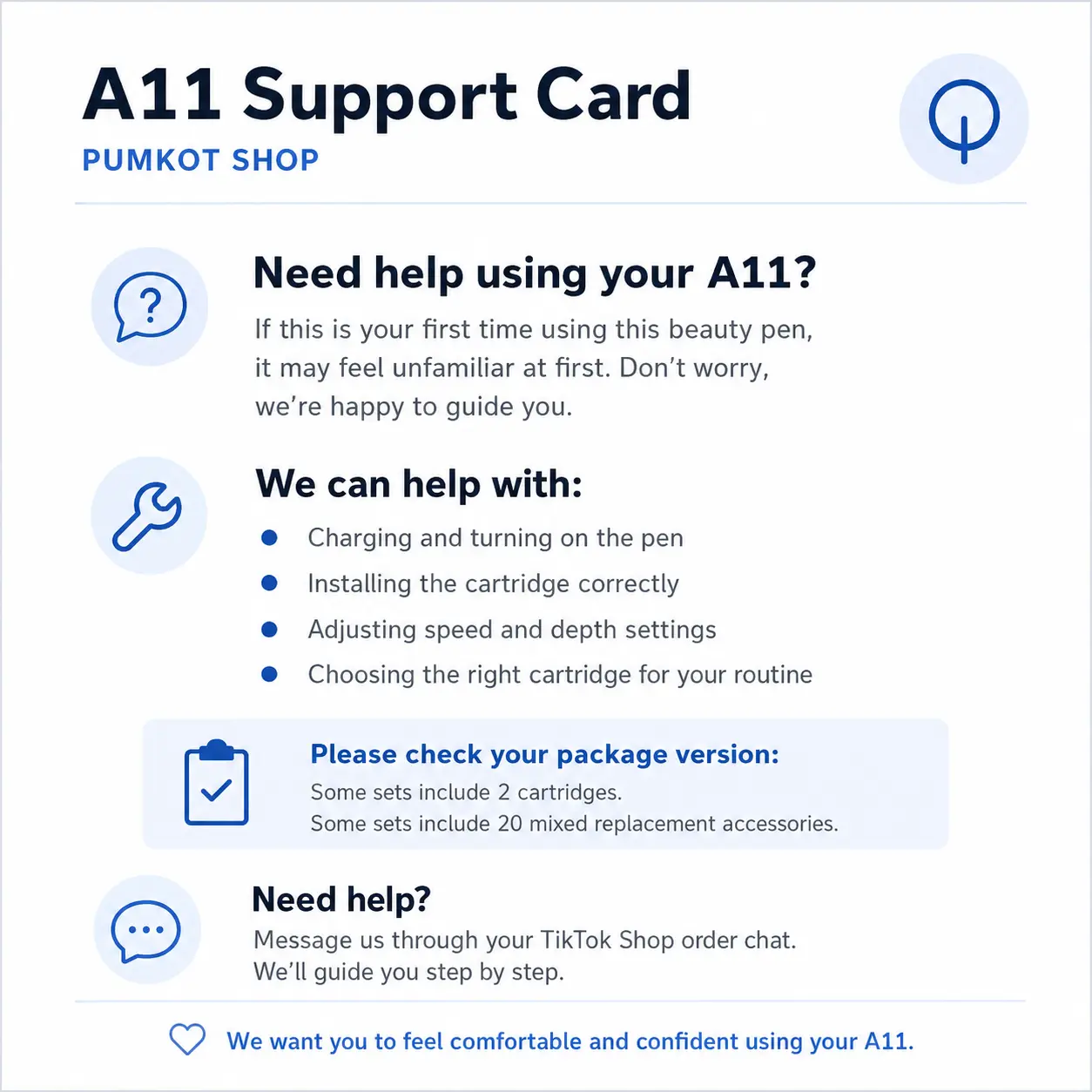 M8S/A11 Beauty Pen Rechargeable Quick-Start Plastic Card - Beginner Tutorial for Charging, Cartridge Installation, Speed Settings (No Complex Setup Guidance Needed)
