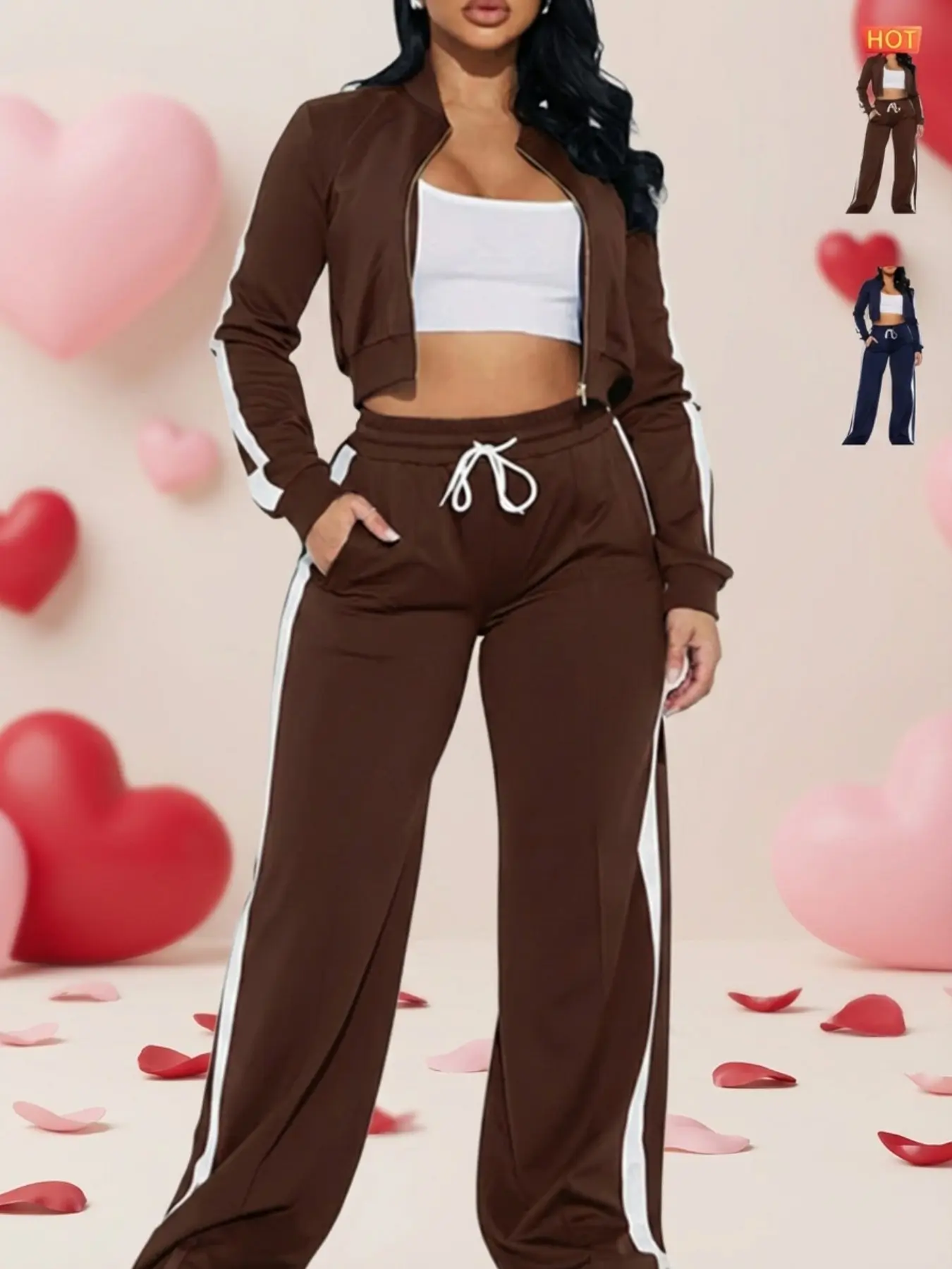 Fashion Two-Piece Sports Set, Short Zipper Jacket + Side Stripe Wide Leg Pants, Streetwear & Casual, Casual Activewear Set, Sweatsuit Outfits, Workout Casual Wear, Sporty Style Outfits, Casual Sportswear Outfit