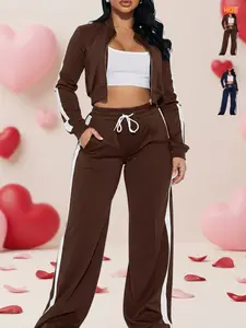 Fashion Two-Piece Sports Set, Short Zipper Jacket + Side Stripe Wide Leg Pants, Streetwear & Casual, Sweatsuit Outfits, Workout Casual Wear