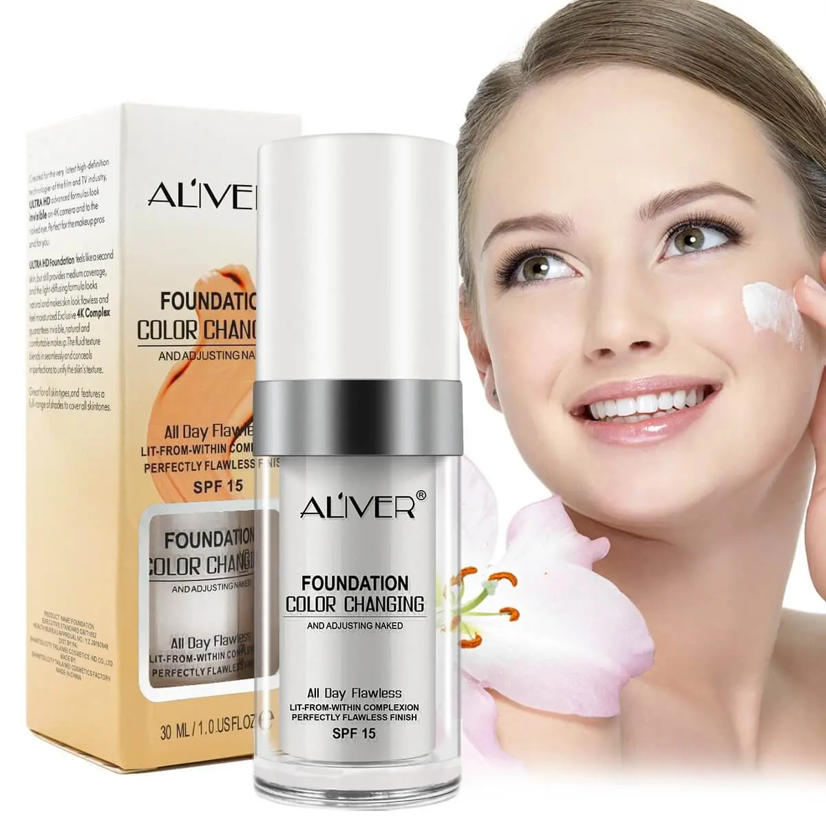 ALIVER Color Changing Foundation (1 Pcs) - Medium Spectrum, SPF 15, Hypoallergenic Hydrating Cream Cosmetic, Moisturizing, Long-Lasting Waterproof, Flawless Natural Finish, Liquid Concealer for Summer, All Skin Types