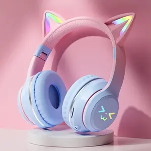 Gradient Cat Ear TWS Headphones with RGB Lights & Mini Smiley Face, Cute Girl Gift, Compatible with Any Phone, Portable Headset