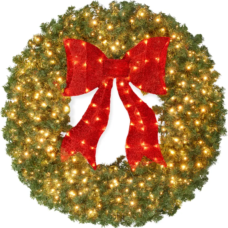 Best Choice Products Artificial Pre-Lit Fir Christmas Wreath Décor w/ Red Bow, LED Lights, Tips, Plug-In