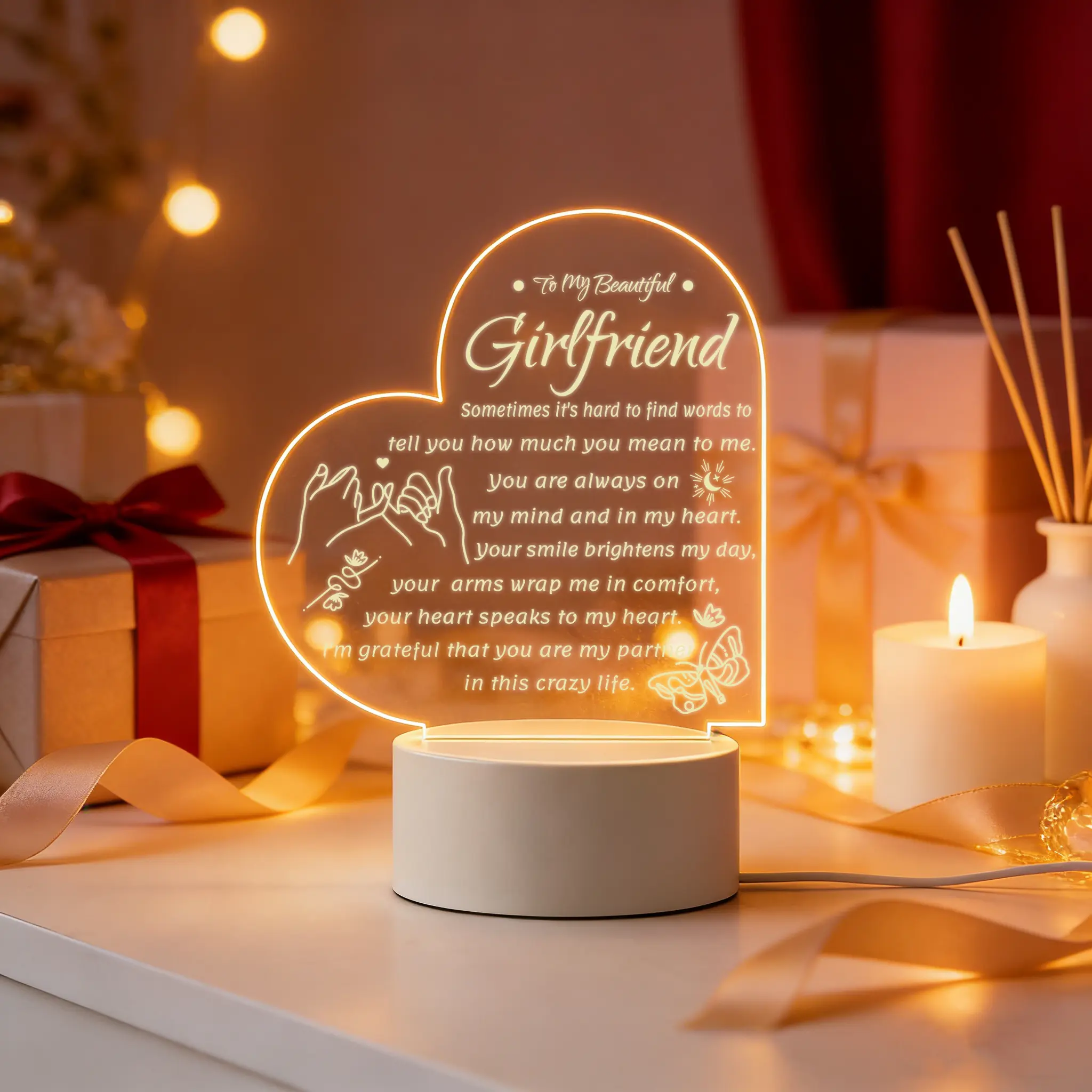 Heart Shaped Acrylic USB Night Light, Decorative Mood Lamp, Romantic Love Gift for Girlfriend, Warm Bedroom Decor, Desktop Room Accessories
