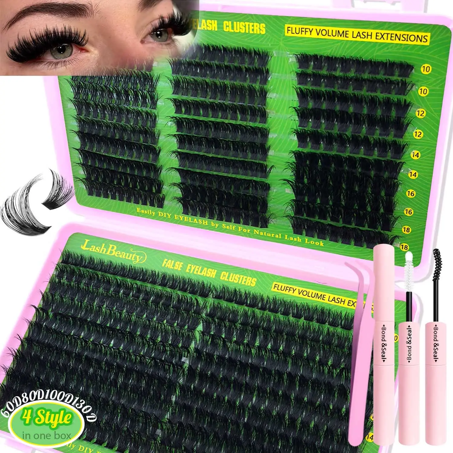 false eyelash clusters, Volumized false eyelashes, Natural fluffy Volume Lash Extensions, 60-130D Mixed Style Volume Eyelash Clusters Kit with Glue,Tweezers, D Curl, 3D Individual Wispy Eyelash, Dense Lash for DIY Beginners, DIY Personal Lashes