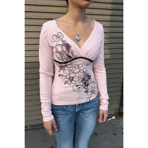 2000s Vintage Floral Print Long Sleeve Ribbed Surplice Top with Contrast Detail