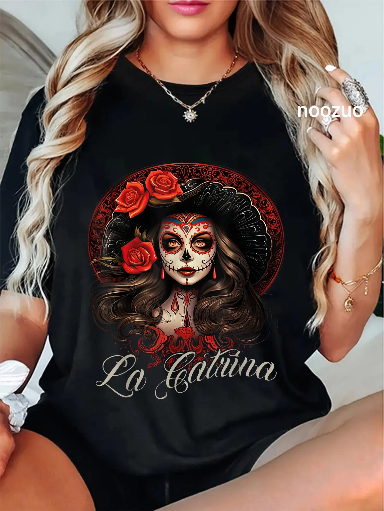 La Catrina Graphic T-Shirt for Women, Vintage 100% Cotton Streetwear with a Casual Round Neck for Day of the Dead, Everyday, Tshirt, Top, Day Of Dead, Distressed Look, Short Sleeves