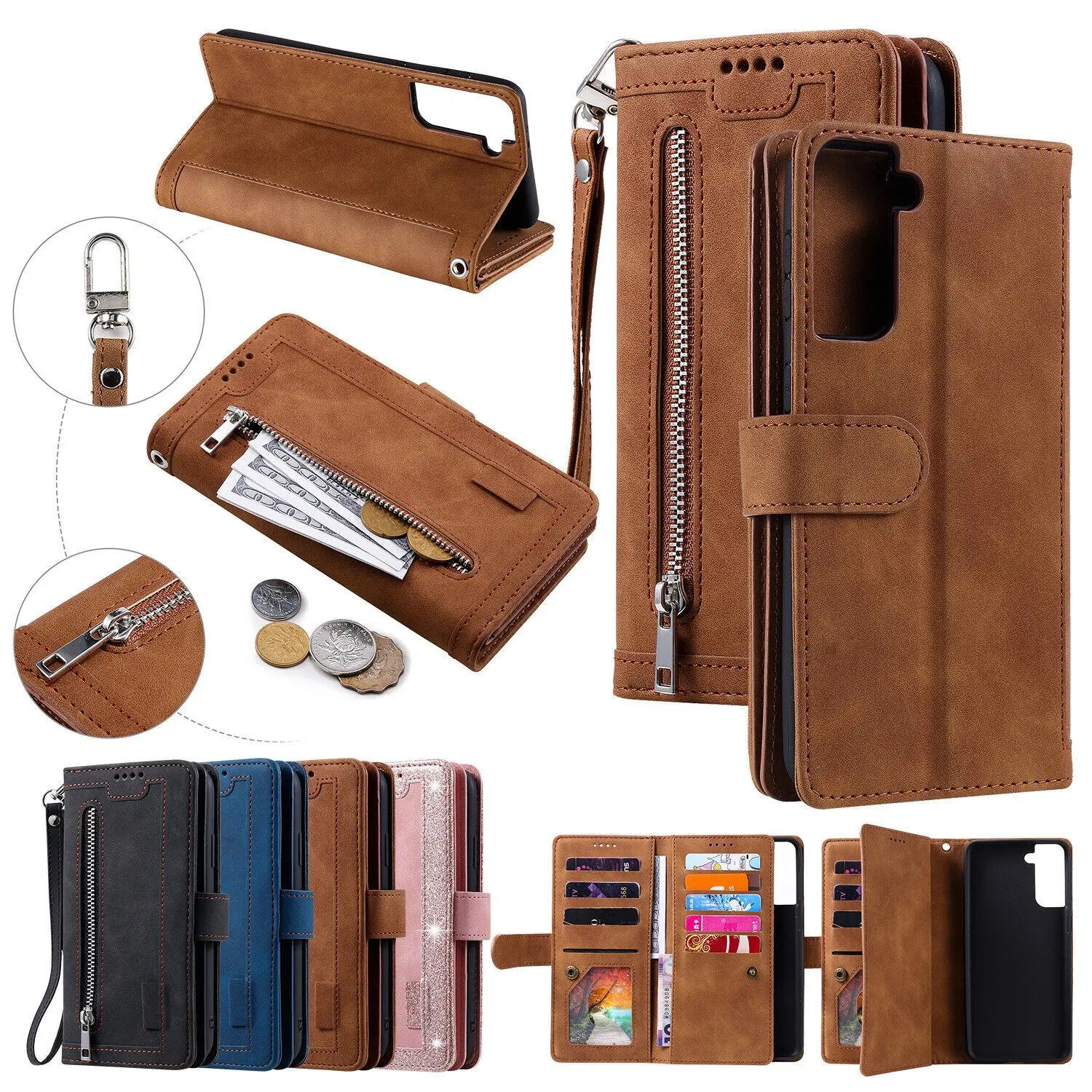 [Free/ship] For Samsung Galaxy A14 A82 A53 A33 A72 A71 A70 A51 A52 A50 A32 A22 A10 360 Full Protection Luxury Retro PU Leather GLITTER Rubber Bumper Edge Metal Zipper Wallet Case 8 Credit Card Slots Shockproof Flip Stand Cover hand Wrist Strap, Cash, Smar