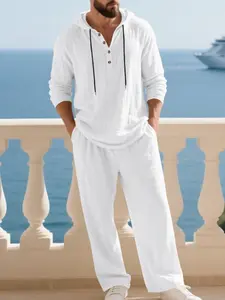 Men's Trendy Linen Hooded Two-Piece Set, Casual Vacation Style, Loose Fit Breathable Fabric, Hoodie & Wide-Leg Pants, Spring & Fall Wear