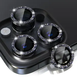 Camera Lens Protector Bling Compatible for iPhone 15 Pro/iPhone 14 Pro/iPhone 15 Pro Max/iPhone 14 Pro Max , 9H Tempered Glass Camera Cover Screen Protector Metal Ring Decoration Accessories 3PCS