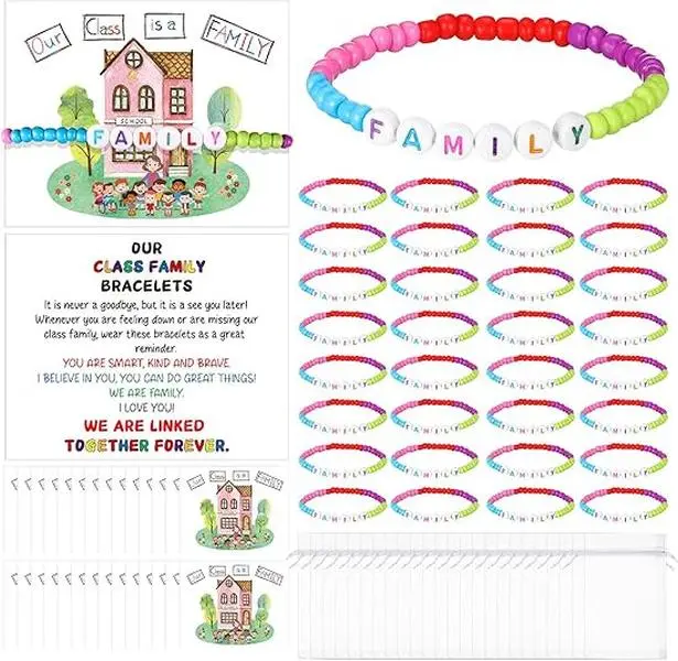 25-Piece Friendship Theme Bracelet Sets with Portable Bags, Color-Coded Messages, Family Theme Cards, Safe Materials - Back to School Gifts for Students, Class Party Favors (Fashion Costume Jewelry Accessories)