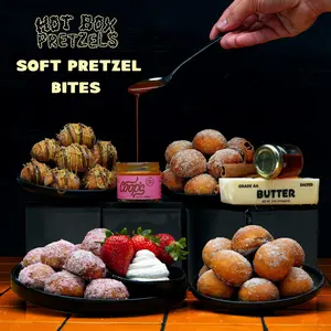 Hot Box Pretzels Sweet Pack| 4 Bags Soft Pretzel Bites | Cinnamon, Honey Butter, Strawberries & Cream, Dubai Chocolate 30g Flavor Packets | 4 8oz Bags + 4 Seasoning Packets(30g) + Dubai Chocolate Kit | Clean Ingredients, No Artificial Flavors