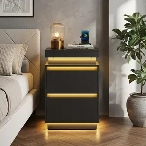 Modern WPC Nightstand App Controlled LED Light Bedside Table With USB Power Charging Station 2 Drawers Hidden Storage Large Capacity Sliding Top Multifunctional End Side Table For Bedroom Living Room Home Decor