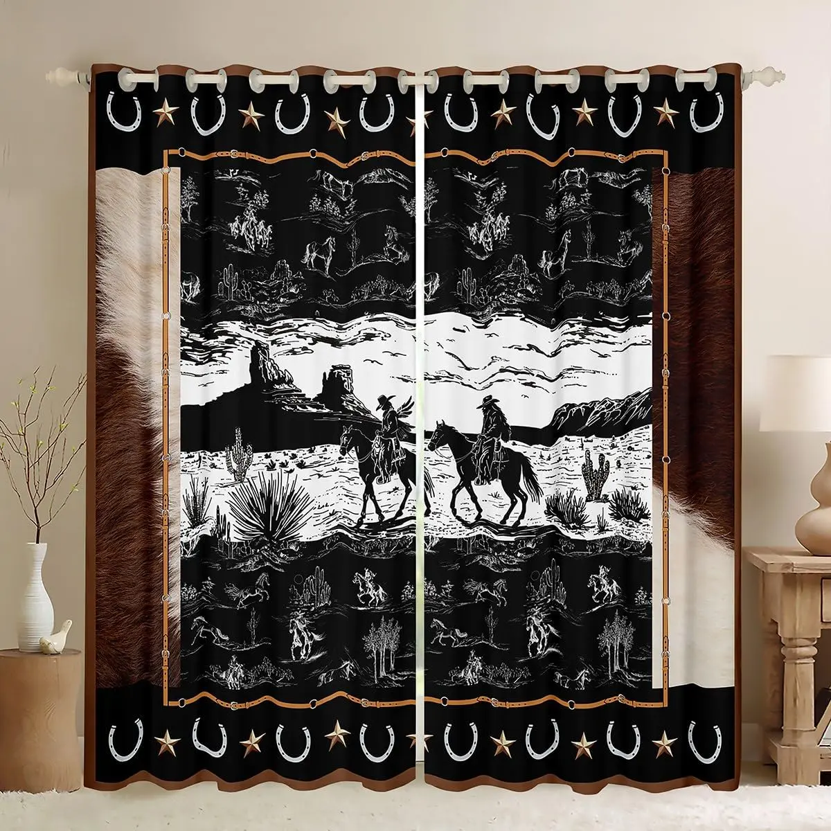 Feelyou Western Blackout Curtains (2 Panels, 42x63 In) - Horse Cowboy Rustic Country Wild West Privacy Grommet Window Curtains, 30%-50% Darkening Room Decor Drapes, Privacy Grommet Curtains, Room Decor Curtain