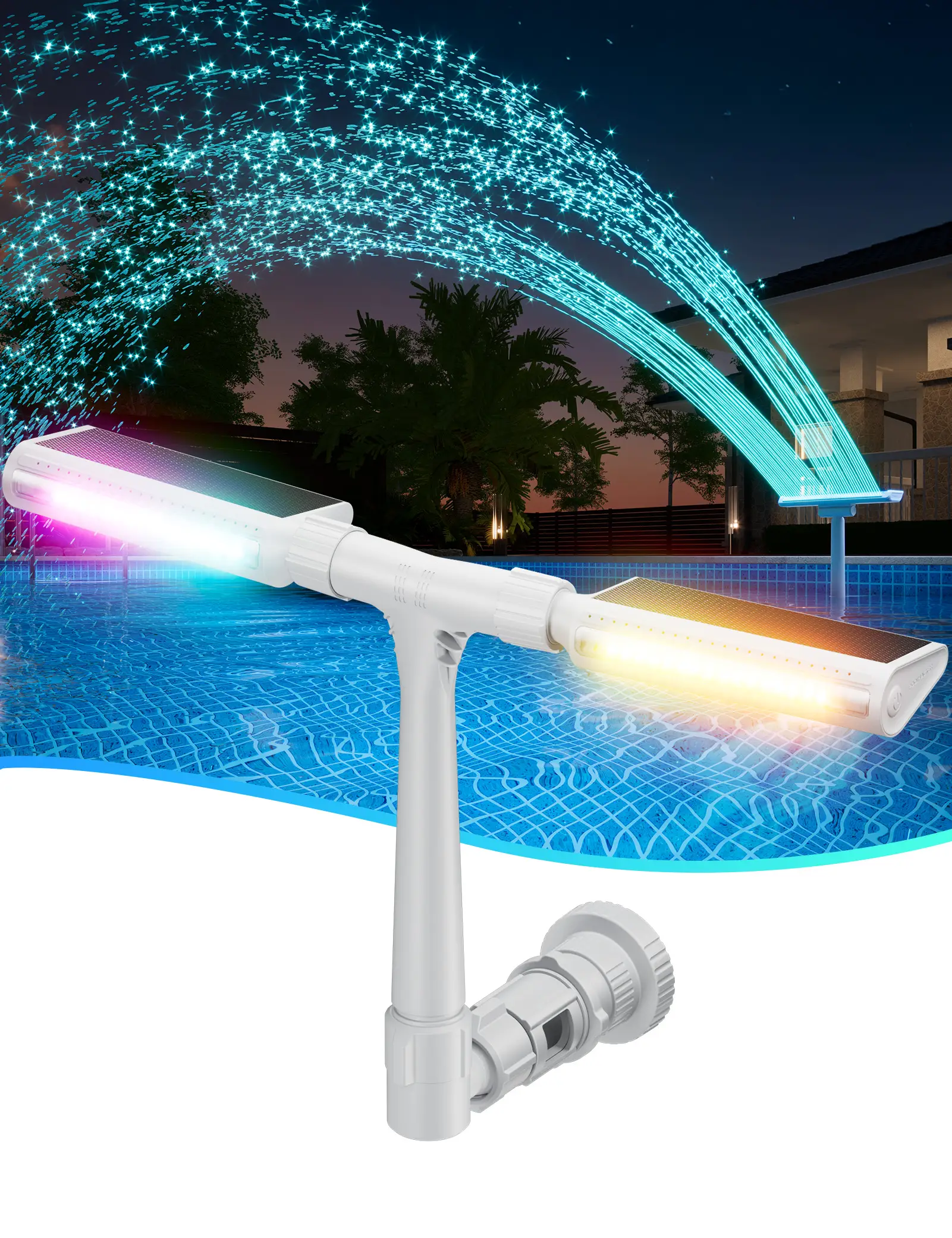 Solar Pool Fountain with Lights Dual Arc - Above/Inground Pool Fountain Lights with Remote Control, Adjustable Sprinkler Fountain with Dual Spray Head
