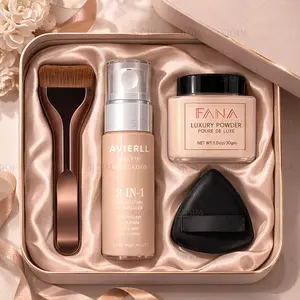 4-Piece Soft Matte Makeup Set with 2-in-1 Foundation Concealer, Loose Powder, Brush & Triangle Puff for Long-Lasting Everyday Wear