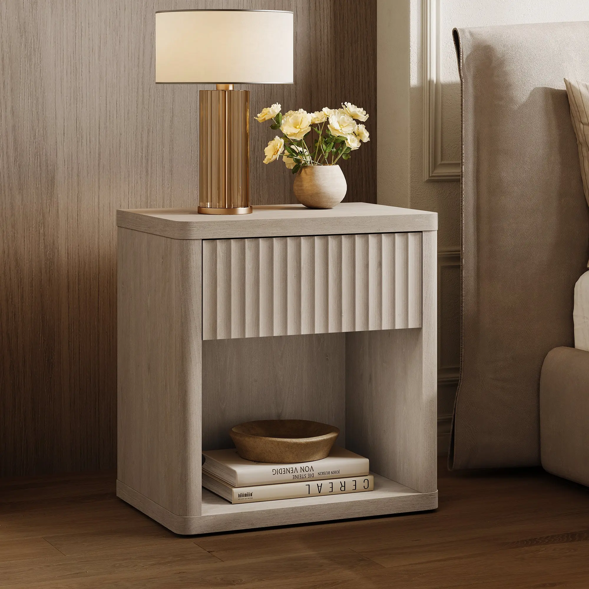 Modern Fluted Mid-Century Minimalist Nightstand - 1 Drawer Storage Organization, Open Shelf, Spacious Top, Particle Board Fluted Panel, Furniture for Small Spaces - Compact Indoor Side Table for Bedroom, Living Room