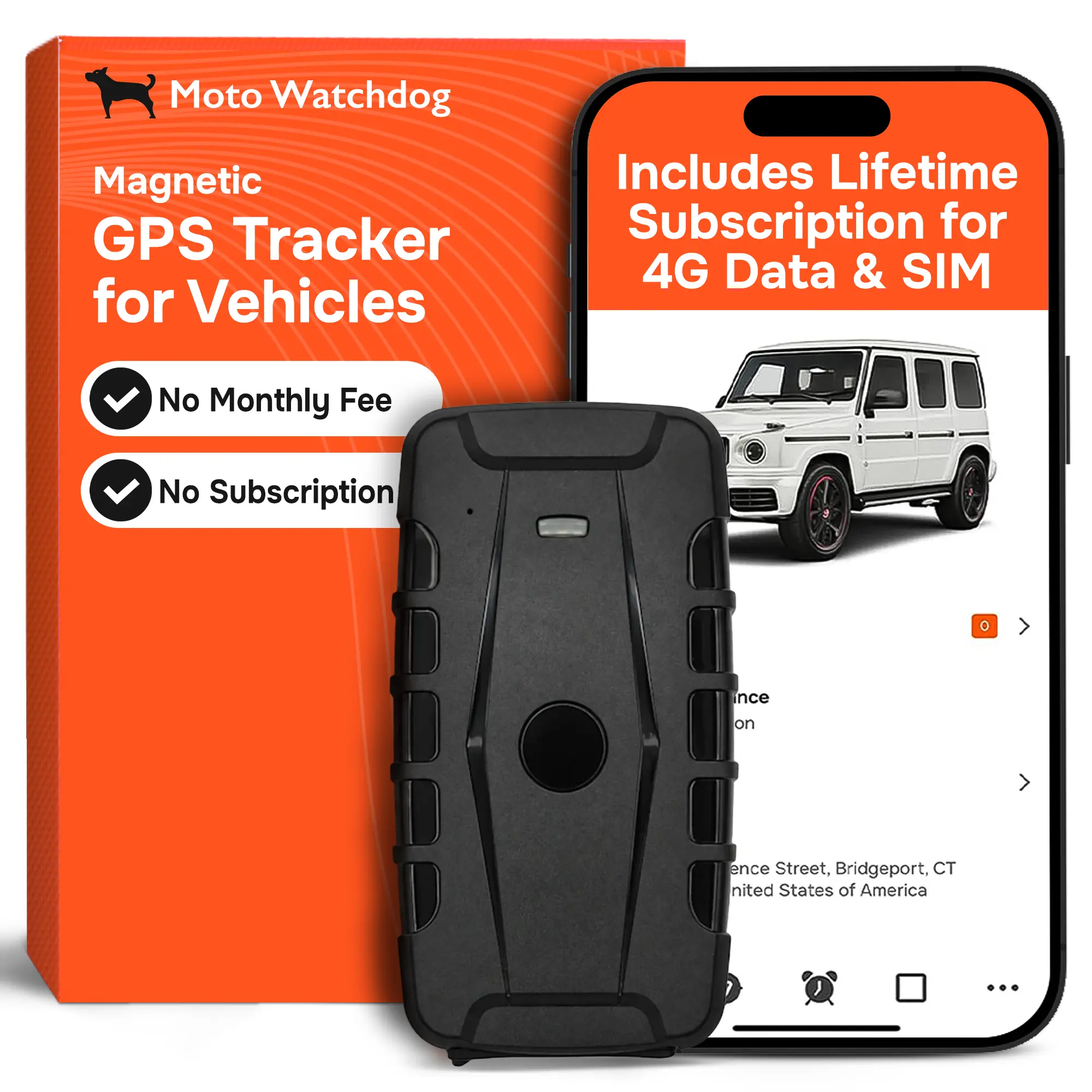 1-Year Battery Magnetic GPS Tracker for Vehicles – No Monthly Fees, 4G LTE | Moto Watchdog MW-20000 Gen 2