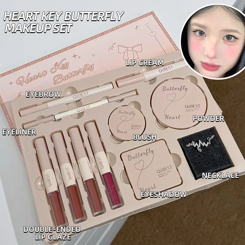 Heart shaped butterfly cosmetics set Glam Set Lip color eyeliner pen powder blusher eye shadow powder makeup set Daily use holiday gift Face Makeup Sets