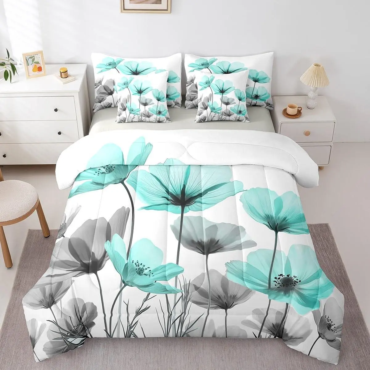 Teal Floral Comforter Set Bed in a Bag,Teal and Grey Flower Bedding Set 7 Piece with Sheets Women,Farmhouse Boho Flowers Wildflower Bed Set with Fitted+Flat Sheet