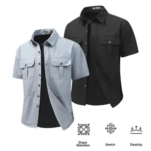 2 Pack Men's Stretch Short Sleeve Button Down Work Shirts, Shape Retention Elastic Utility Cargo Shirts with Chest Pockets, Lightweight Casual Outdoor Tactical Hiking Fishing Tops for Men business-casual style me trendy
