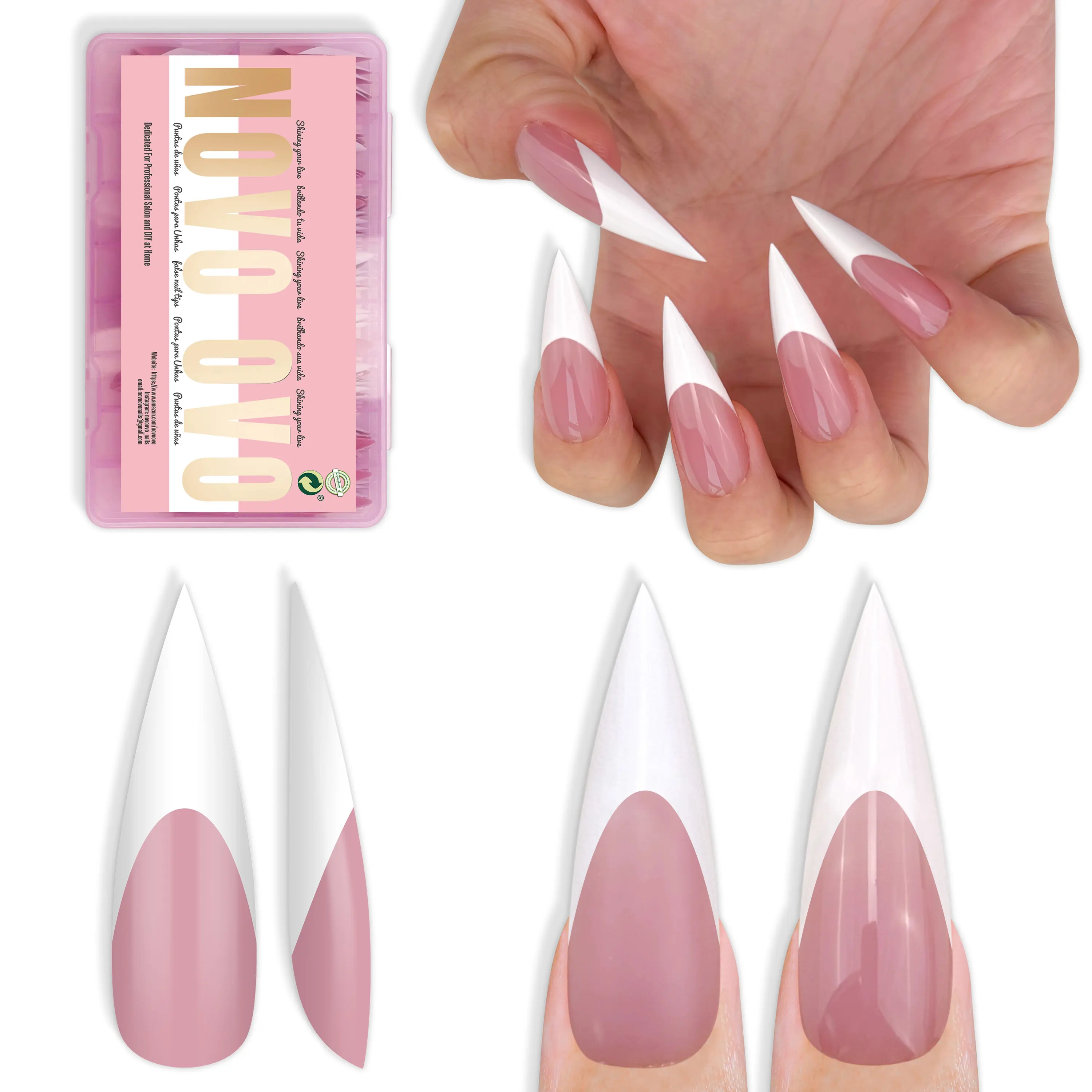 Novo ovo White French Tip Long XL sharp stiletto Nail Tips Press on BERRY PINK, Soft Gel Double MatteFake Nail Extension, Full Cover False Nails for Acrylic DlY x 16Sizes 160 pcs【DOES NOT INCLUDE: LIGHT, GLUE, BUILDER GEL】