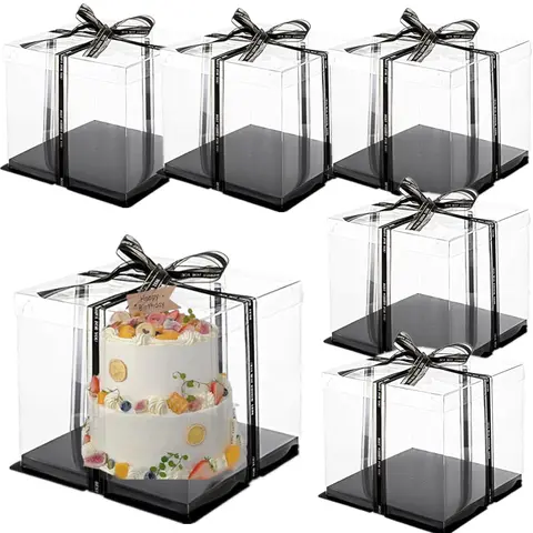 6 Pack Clear Cake Box with Ribbon, Tall Cake Carrier for 2-Layer Cake Holder, Transparent Gift Boxes for Pastries with Lid and Black Board, Display Wedding Gift Packaging