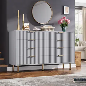 Modern 8-Drawer Dresser, 55" Wide Wooden Chest with Metal Handles, Anti-Tip Design, Sturdy Storage Organizer for Bedroom, Living Room, Gray