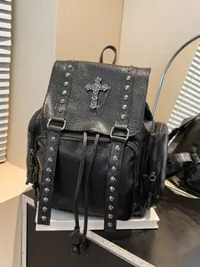 Original Self-Made Y2K Soft Leather Backpack, Dark Gothic Cross Chain Commuter Bag, Unisex Casual Daily Use Shoulder Bag, Stylish Daypack