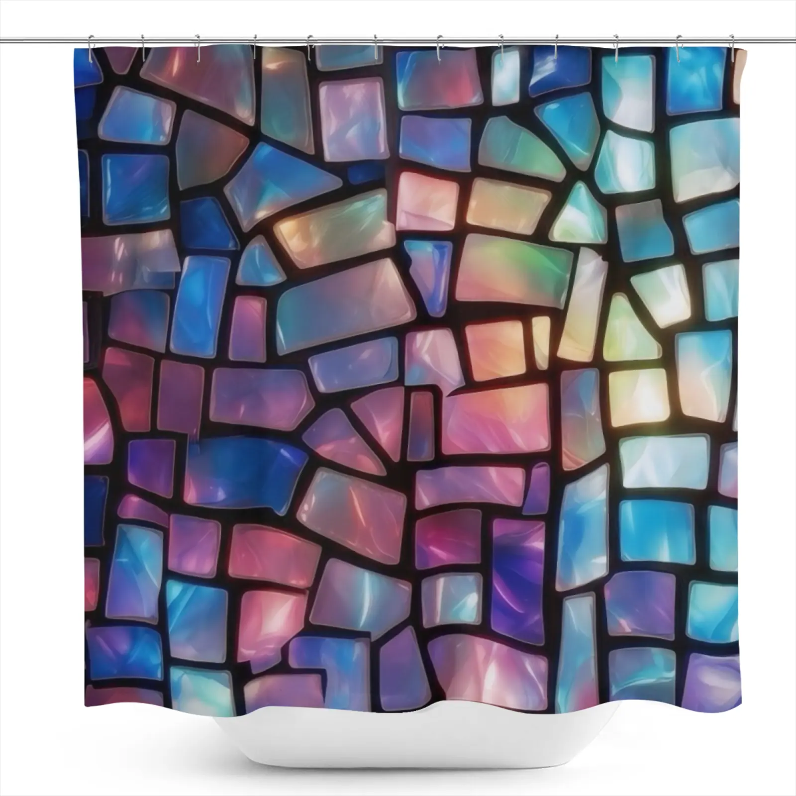 1Pc Iridescent Stained Glass Mosaic Shower Curtain, Waterproof Washable Polyester Fabric, 12 Hooks Included, 71in W x 71in H, Modern Art Design, Bathroom Decor, All-Season Use