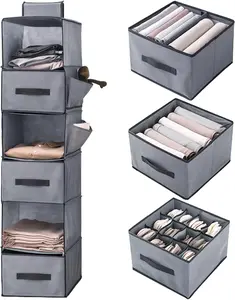 6-Shelf Hanging Closet Organizer, Hanging Storage Shelves with 3 Removable Drawers, Wardrobe Clothes Organizer, Cloth Hanging Shelves, Poucher Foldable for Closet Bedroom Home (1PCS 6-Shelf)