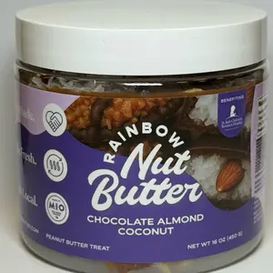 Rainbow Nut Butter Chocolate Almond Coconut Candy Bar Cookie with Crunchy Roasted Almonds Milk Chocolate Topped Sweet Dessert Snack in Jar