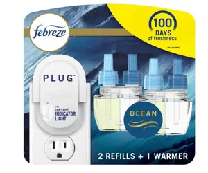 Febreze Plug in Air Fresheners for home, Air Freshener Plug in, Wall Diffuser, Ocean Scent, Odor Fighter for Strong Odors, 1 Warmer + 2 Oil Refills
