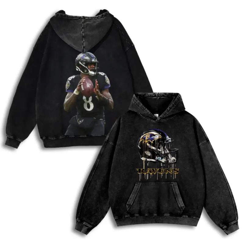 Lamar Jackson #8 Ravens Casual Washed Hoodie | Electric QB Gear, Purple Flock Fan Pride, Vintage Fade Dual-Threat Essential