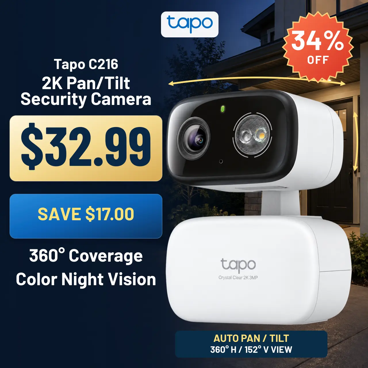 TP-Link & Tapo C216/C246D Pan/Tilt Indoor/Outdoor Security Camera,Single/Dual Lenses,2K 3MP,AI-Powered Detection,No Subscription,Motion Tracking,Color Night Vision,360° Pan/Tilt, Works w/Alexa & Google