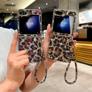 Sparkling Leopard Print Flip Protective Phone Case for Samsung Zflip3/4/5/6/7, Full Coverage Protection with Lanyard Bracelet Strap