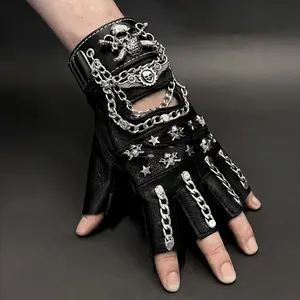 Punk Skull Chain Leather Gloves Mens Motorcycle Fingerless Gloves With Bracelet