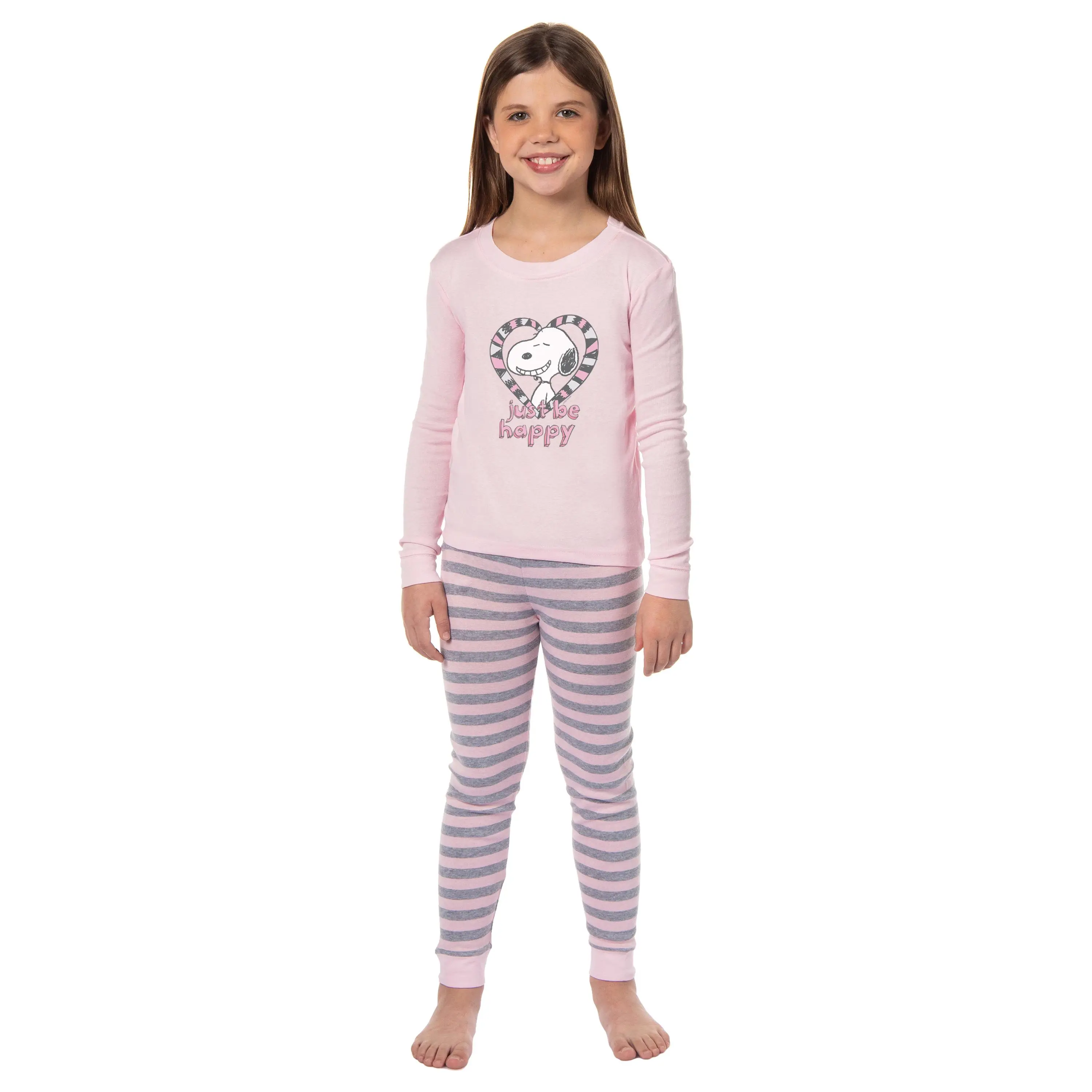 PJammy Peanuts Girls' Pajama Set, 2-Piece Comfy 100% Cotton Sleepwear Outfit with Pink Snoopy Top and Striped Pants, Striped Print Pajama, Casual Comfy Pajama