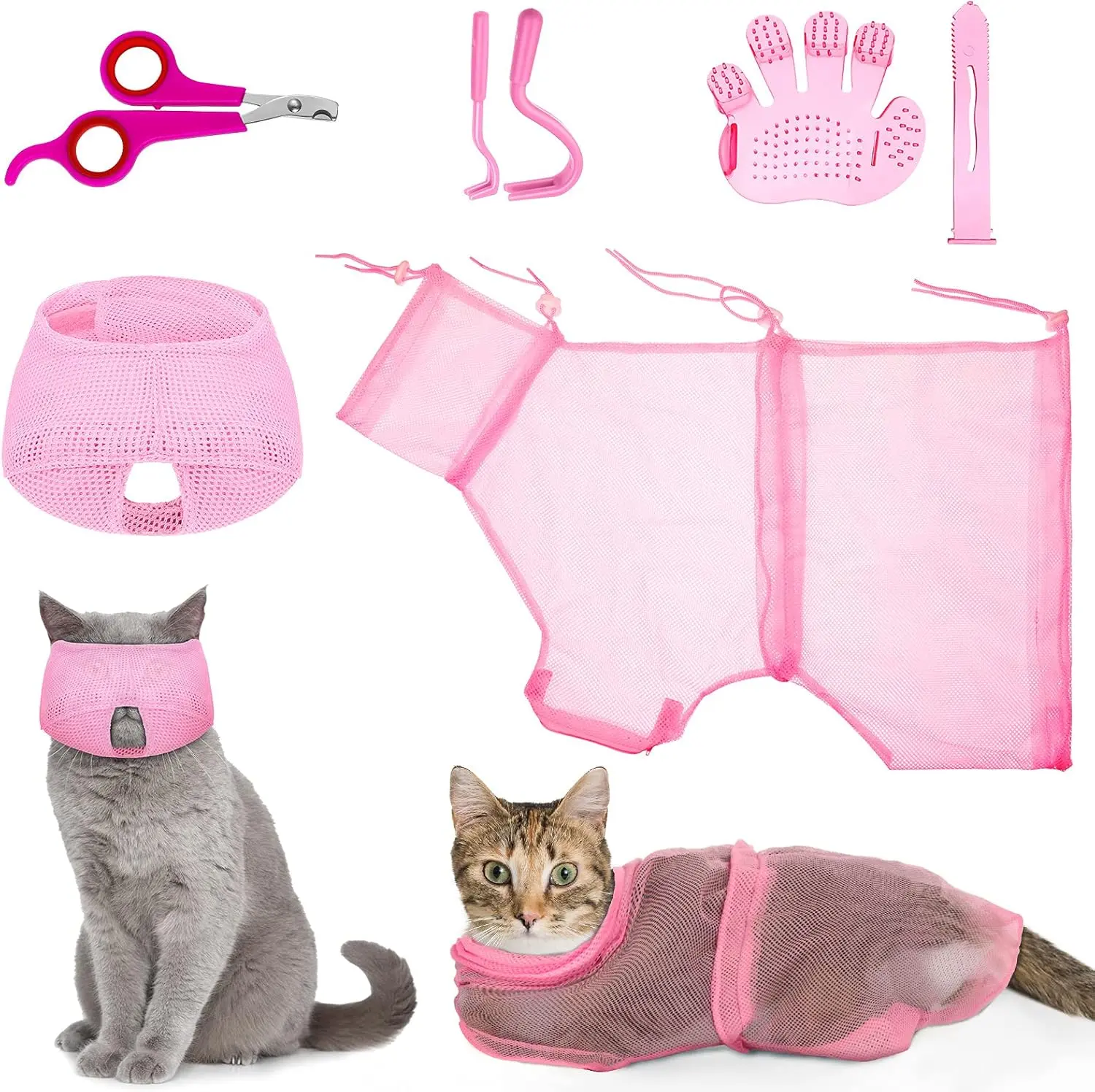 Cat Grooming Tool Kit, 5-Piece Adjustable Set - Stress Free Bathing Bag, Shower Net, Muzzle, Nail Clipper, Tick Remover, Massage Brush for Home Pet Care